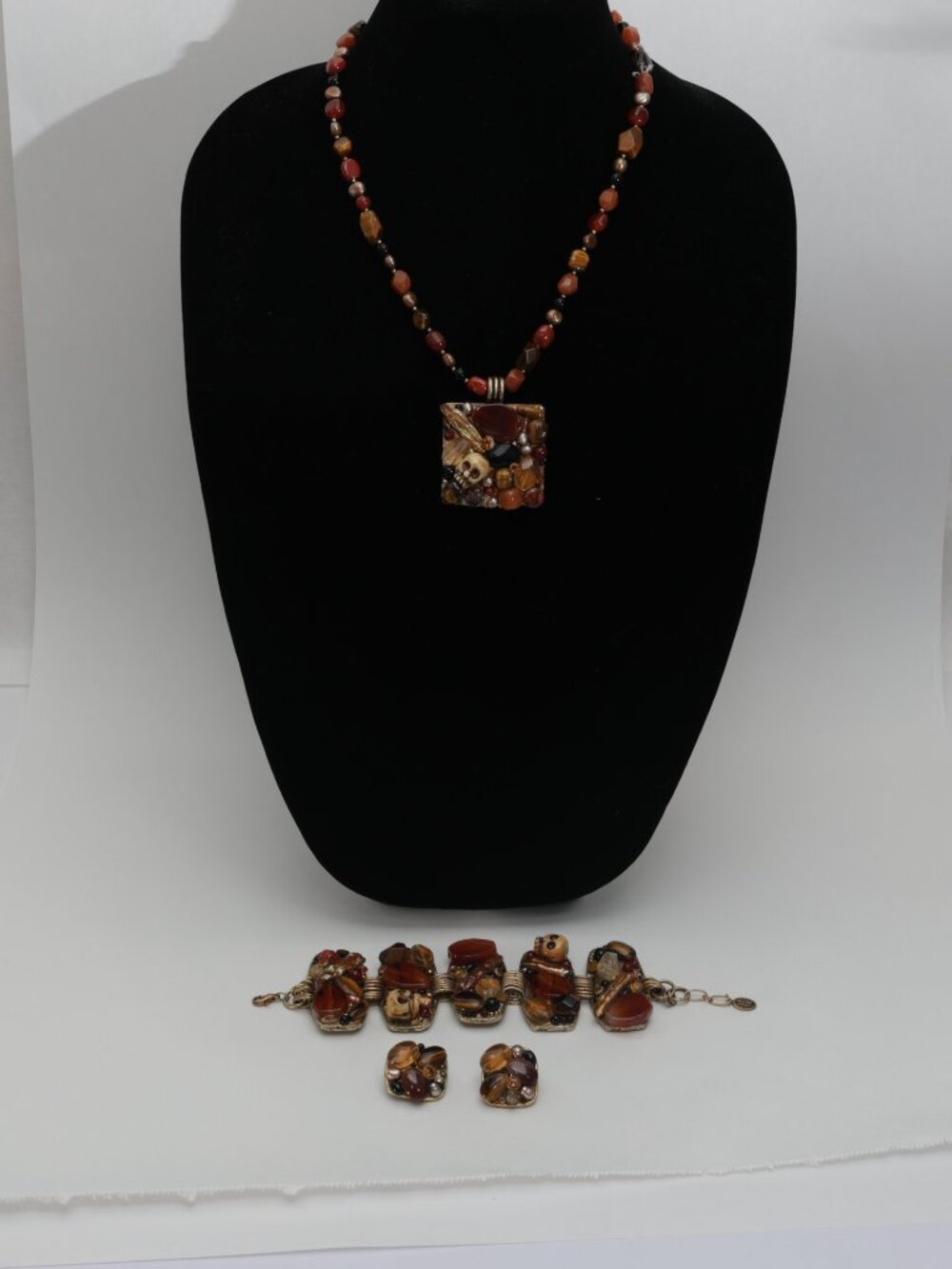 RARE Michal Golan  Semi-Presious Stones Necklace & Earring  Bracelet Set Sculls